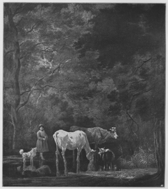 A shepherdess with her cows and a goat in a crossing in a brook by Wilhelm von Kobell