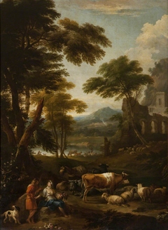 A Wooded Landscape with Figures by Jan Frans van Bloemen