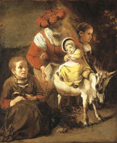 A young Woman with a Child riding on a Goat by Nicolaes Maes