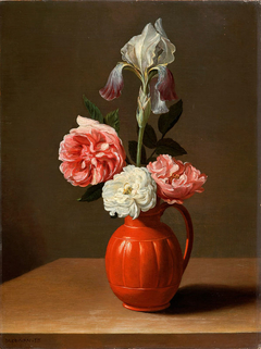 An iris and three roses in an earthenware pot by Jacob van Es