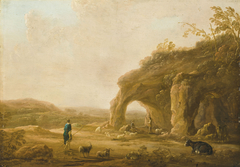 An Italianate landscape with shepherds by a grotto by Aelbert Cuyp