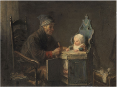 An Old Man with a Child in a Highchair by Jozef Israëls