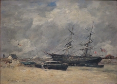 Bateaux de pêche sur la plage. Trouville, marée basse by Eugène Louis Boudin