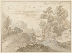 Berglandschap met twee figuren op een smalle brug by Unknown Artist