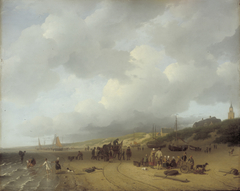 Boten met vissers op het strand bij Scheveningen by Andreas Schelfhout