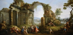 Capriccio of Figures dancing amongst Classical Ruins, with a Ruined Arch by Antonio Zucchi