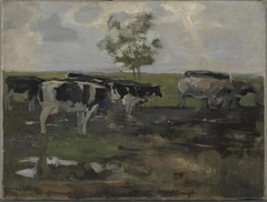 Cows in a meadow with tree by Piet Mondrian