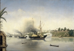 De beschieting van de Kraton van de Sultan van Djambi door de gouvernementsmarineschepen 'Celebes', 'Admiraal van Kinsbergen' en 'Onrust' op 8 september 1858 by Unknown Artist