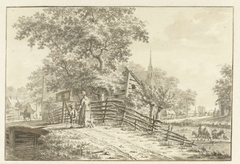 Dorpsgezicht met enkele personen op een brug by Jacob Cats 1741-1799