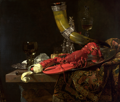 Drinking horn with lobster and glassware by Willem Kalf