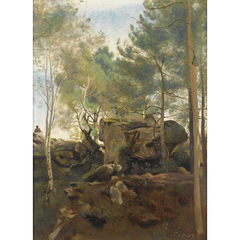 En forêt de Fontainebleau. Pins et bouleaux dans les rochers by Jean-Baptiste-Camille Corot