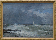 Entrance to the Le Havre piers in heavy weather by Eugène Louis Boudin