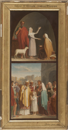 Esquisse pour l'église Saint-Eustache : Sainte Geneviève guérit sa mère aveugle. Saint Germain d'Auxerre et saint Loup prédisent aux parents de Sainte Geneviève la destinée de leur fille. by Auguste Pichon