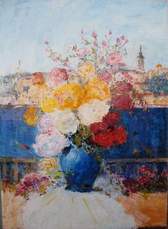 Flowers in Blue Vase and Belgrade by slobodan paunovic