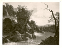 Flusslandschaft mit Felsen und Wasserfall (Schloss Tivoli) by Jan Both