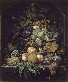 Fruit, Basket, Insects, and Butterflies against a Background of a Stone Niche by Abraham Mignon