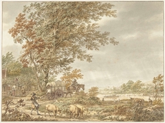 Heuvellandschap met varkenshoeder en andere stoffage, een rivier in de verte by Jacob Cats 1741-1799