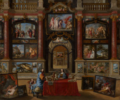 Intérieur avec personnages devant une collection de peintures by Gonzales Coques