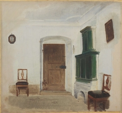 Interior with green ceramic stove by Ludwig Knaus