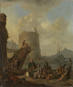 Italian Harbor with Fortress Tower (Port on the Mediterranean) by Johannes Lingelbach