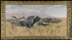 Kudde opgejaagde Afrikaanse buffels en koereigers by Wilhelm Kuhnert