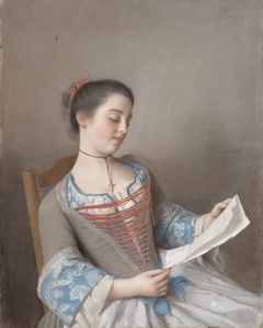 'La liseuse' (Marianne Lavergne, een nicht van de kunstenaar, in Lyonese plattelandskleding) by Jean-Etienne Liotard