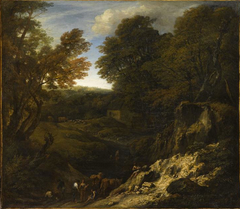 Landscape with shepherds and herds at the edge of a pond and near an illuminated Talus by Cornelis Huysmans