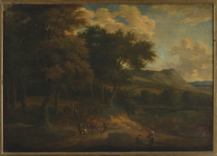 Landscape with staffage at sunset by Jan Baptist Huysmans