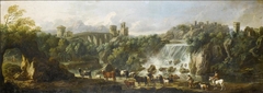 Landscape with Tivoli waterfall and rocky crag in the shape of a rabbit with cows by Cajetan Roos