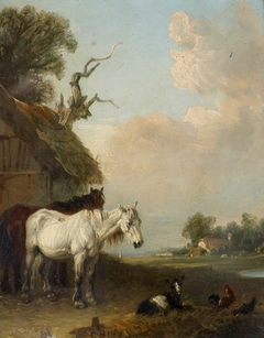 Landscape with Two Horses and a Goat by a Shed by Edmund Bristow