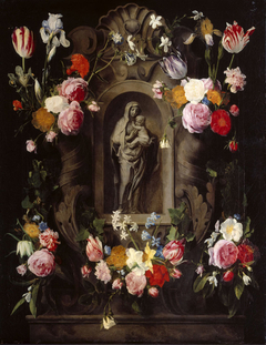 Madonna & Child Statuette in a Niche surrounded by a Garland of Flowers by Daniel Seghers