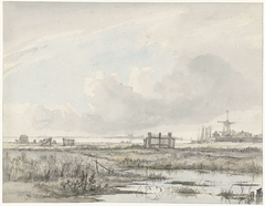 Moerassig landschap buiten een stad by Hendrik Gerrit ten Cate