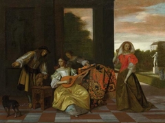 Music making company with a monkey on a terrace by Pieter de Hooch