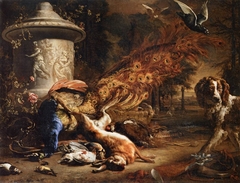 Nature morte au paon et au chien by Jan Weenix