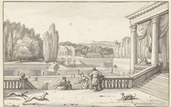 Parkgezicht met figuren en honden op een terras by Jacob Esselens