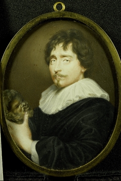 Portrait of a man with a sculpture of a head of Silenus in his hand by Louis van der Bruggen