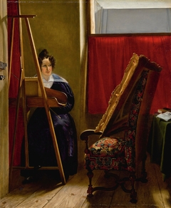 Portrait of the artist, seated at her easel by Amile-Ursule Guillebaud