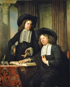 Portrait of two men by a table with books and writing tools by Carel de Moor