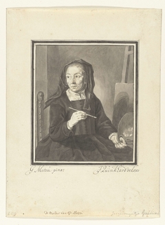 Portret van de moeder van Gabriël Metsu, schilderend by Julius Henricus Quinkhard