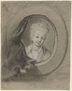 Portret van een vrouw, in een ovale lijst met gordijntje by Theodorus de Roode