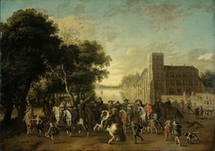 Prince Maurits, accompanied by Prince Frederik Hendrik, Frederick V of Bohemia and his wife Elizabeth Stuart, and others, on the Buitenhof, The Hague by Pauwels van Hillegaert