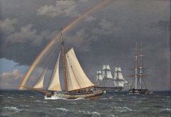 Rainbow at sea with some cruising ships by Christoffer Wilhelm Eckersberg