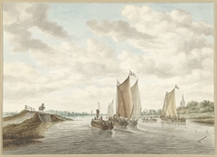 Rivierlandschap met verschillende schuiten by Abraham Delfos