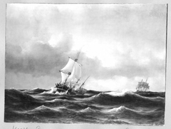 Seestück mit drei Segelschiffen (Rettung auf hoher See) by Anton Melbye