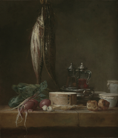 Still Life with Fish, Vegetables, Gougères, Pots, and Cruets on a Table by Jean-Baptiste-Siméon Chardin