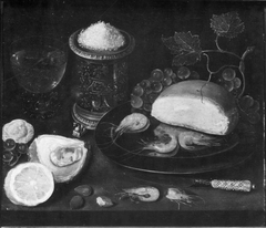 Still life with oyster, shrimps, a salt cellar, a bread roll, and a lemon by Clara Peeters