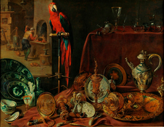 Still life with parrot, an allegory of fire by Adriaen van Utrecht