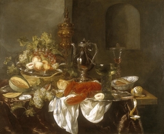 Stilleven met pronkbeker, zilveren kan en kreeft by Abraham van Beijeren