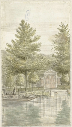 Trekschuit bij een landhuis aan het water by Abraham Rutgers