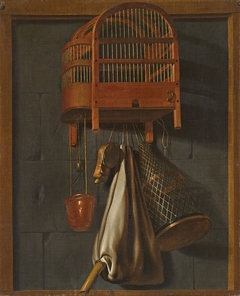 Trompe l'oeil jachtstilleven met vogelkooi by Anthonie Leemans